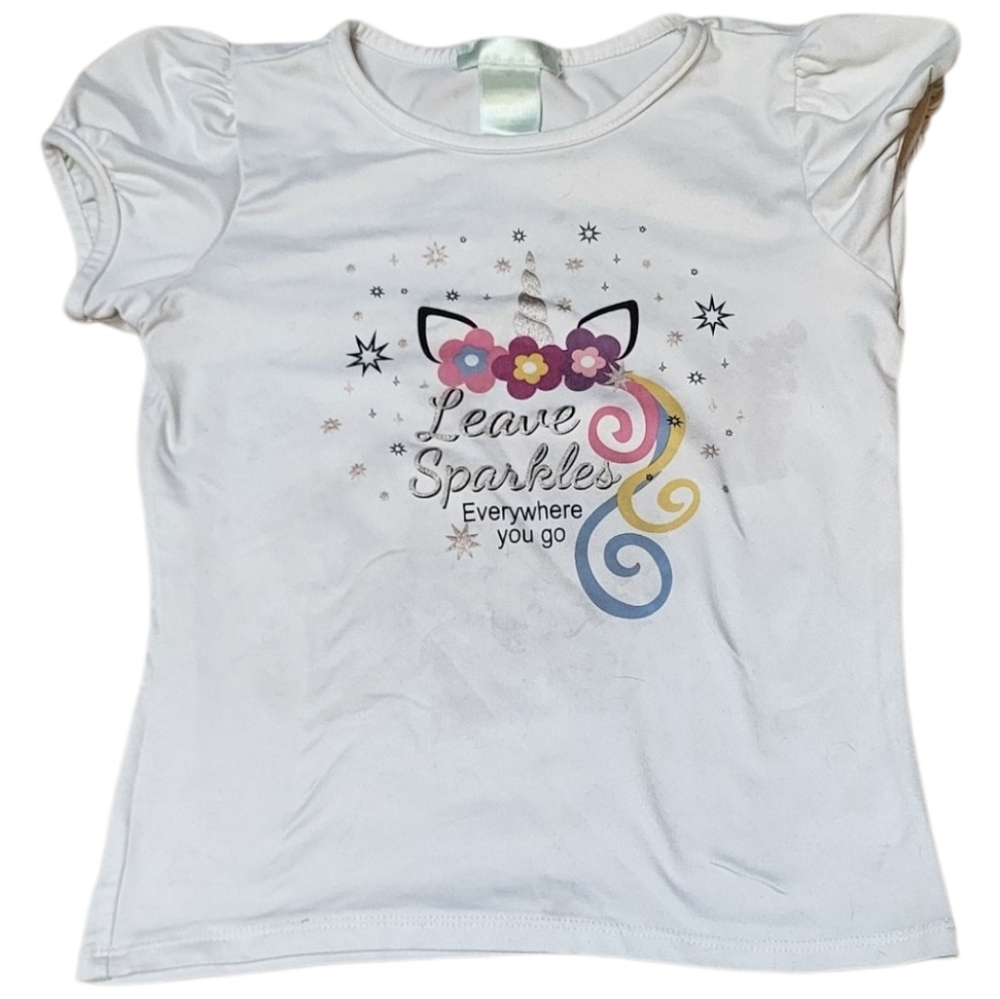 Kids White and Pink Sparkle Unicorn Short Sleeve Tee Soft Fabric - Size 6